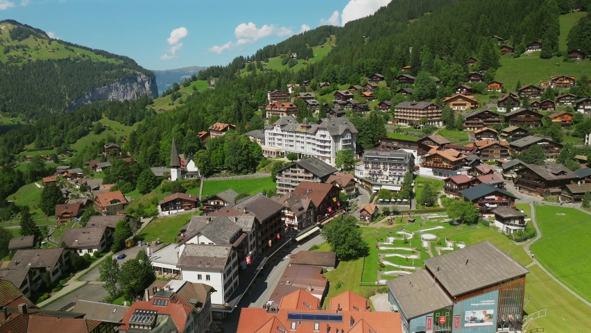 Aerial view over the center of Wengen, Switzerland 1 of 2