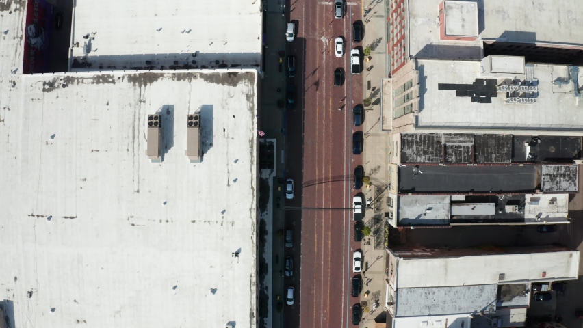 Downtown Flint, Michigan overhead drone shot moving forward.