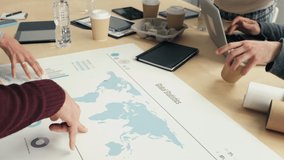 Global statistics, map and business hands in marketing meeting collaboration, planning strategy for advertising agency. Worldwide, global and map design planner team for company online website target - Powered by Shutterstock - Get 15% off with code: PIKWIZARD15