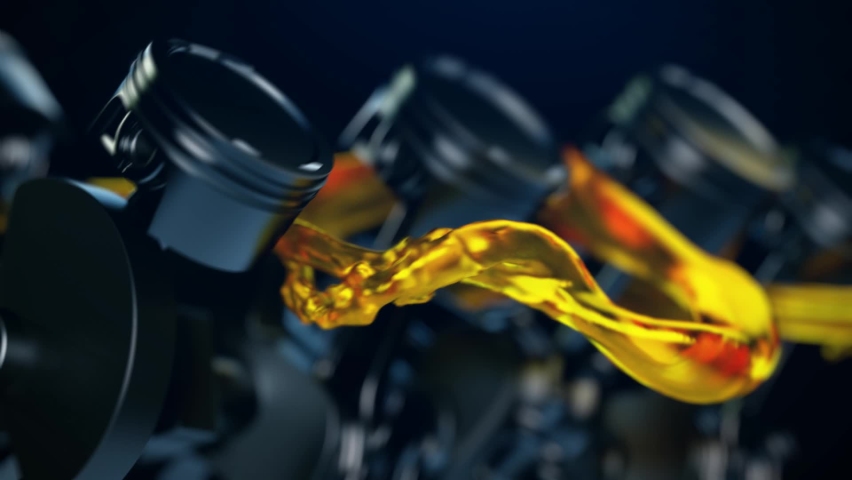 3d footage with car engine working. Concept of motor with oil lubricant splash and flow.
