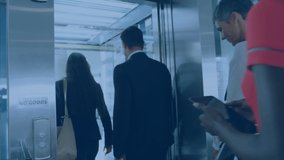 Animation of network of profile icons over diverse businesspeople entering the elevator at office. Global networking and business technology concept - Powered by Shutterstock - Get 15% off with code: PIKWIZARD15