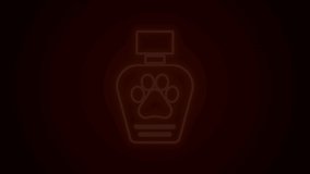 Glowing neon line Pet shampoo icon isolated on black background. Pets care sign. Dog cleaning symbol. 4K Video motion graphic animation.
