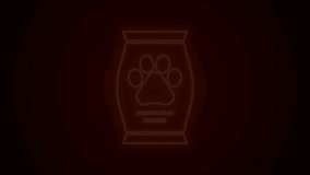 Glowing neon line Bag of food for dog icon isolated on black background. Dog or cat paw print. Food for animals. Pet food package. 4K Video motion graphic animation.