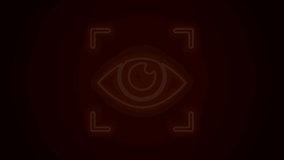 Glowing neon line Eye scan icon isolated on black background. Scanning eye. Security check symbol. Cyber eye sign. 4K Video motion graphic animation.