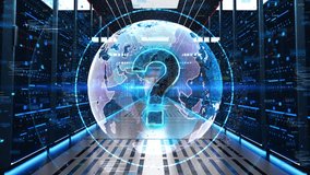 Question Mark Icon Moving Through Rack Servers in Data Center. Concept of Ask symbol. Help support, faq problem symbol, think education. Question marks, doubt, Poll, survey. 3D Illustration - Powered by Shutterstock - Get 15% off with code: PIKWIZARD15