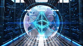 Ethereum Icon Moving Through Rack Servers in Data Center. Concept of ETH coin cryptocurrency concept banner background.Ethereum, Blockchain technology ethereum cryptocurrency. 3D Illustration - Powered by Shutterstock - Get 15% off with code: PIKWIZARD15