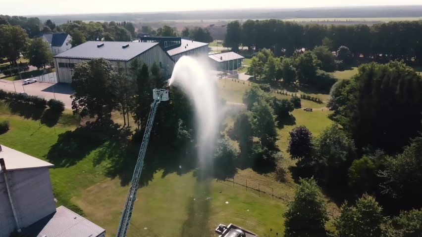 Fire truck tower, lets water from a height! (filmed by drone)