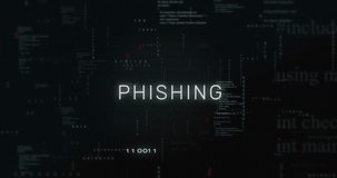 Animation of phishing text and data processing over computer motherboard. Global online security, computing and data processing concept digitally generated video.