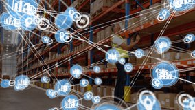 Animation of network of connections with icons over caucasian man working in warehouse. Global shipping, networks and data processing concept digitally generated video. - Powered by Shutterstock - Get 15% off with code: PIKWIZARD15