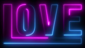 Glowing neon lines love text animation on black background. Seamless loop. 4K footage