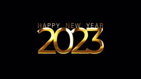 Loop 2023 Happy New Year golden text shine flickering light effect animation on black background. Happy New Year text with looping flickering gold glowing light texture.Isolated transparent video anim