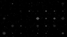 Template animation of evenly spaced vision symbols of different sizes and opacity. Animation of transparency and size. Seamless looped 4k animation on black background with stars