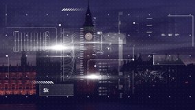Animation of digital screen with diverse data and graphs over blurred night cityscape. Transport, finance, economy and digital interface concept digitally generated video.