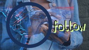 Animation of globe and follow over hands of african american woman using smartphone. Network, social media, communication and technology concept digitally generated video. - Powered by Shutterstock - Get 15% off with code: PIKWIZARD15