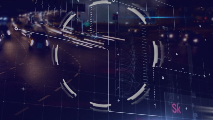 Animation of financial graphs and data processing on digital screen over night road traffic. Transport, digital interface, finance and technology concept digitally generated video.