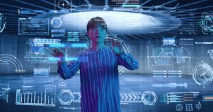 Female Scientist Analyzing a Digital Data, Touching an Invisible. Holographic Screen. Asian Woman, Business Reviews the Statistics and Moving Animated Virtual Graphs and Table Data. High quality 4k - Powered by Shutterstock - Get 15% off with code: PIKWIZARD15