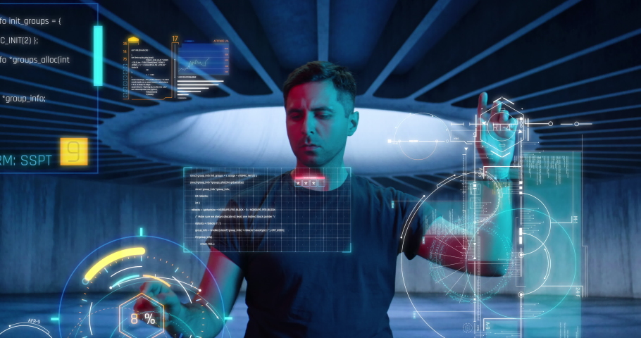 Male Scientist Analyzing a Digital Data, Touching an Invisible. Holographic Screen. Business Reviews the Statistics and Moving Animated Virtual Graphs and Table Data. High quality 4k footage