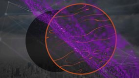 Animation of circle with red waves over glitter, connections and cityscape. Network, communication, data processing and technology concept digitally generated video. - Powered by Shutterstock - Get 15% off with code: PIKWIZARD15