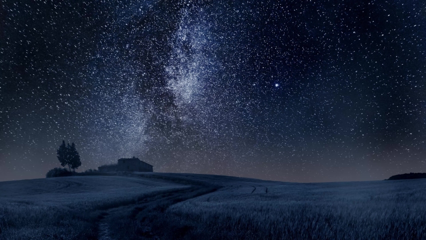 Timelapse of milky way, road and fields in Italy, Europe