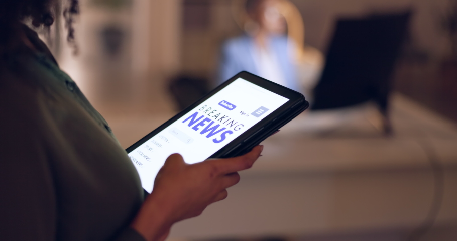 Website, tablet and news journalist scroll, check or review world or global digital newspaper article at night. Mobile tech ux, ui or woman hands of brand editor browse online magazine, blog or media