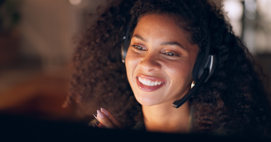 Call center, telemarketing and contact us for a insurance customer service consultant at a help desk for advice. Telecom, communication and sales agent consulting, talking and speaking via headset Royalty-Free Stock Footage #1095473483