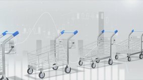 Animation of financial data processing over e shopping carts. Global business and data processing concept digitally generated video.