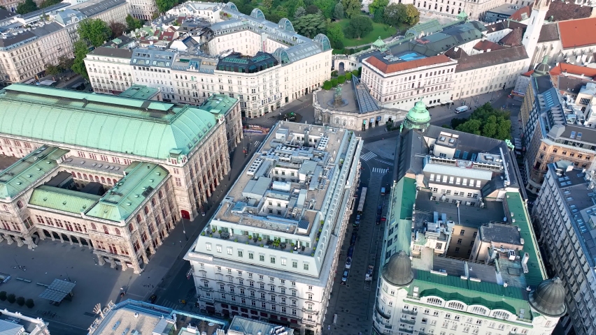 Aerial view of famous Vienna Opera house (Wiener Staatsoper) and the Art Gallery museum in historic center of city - landscape panorama of Austria from above, Europe