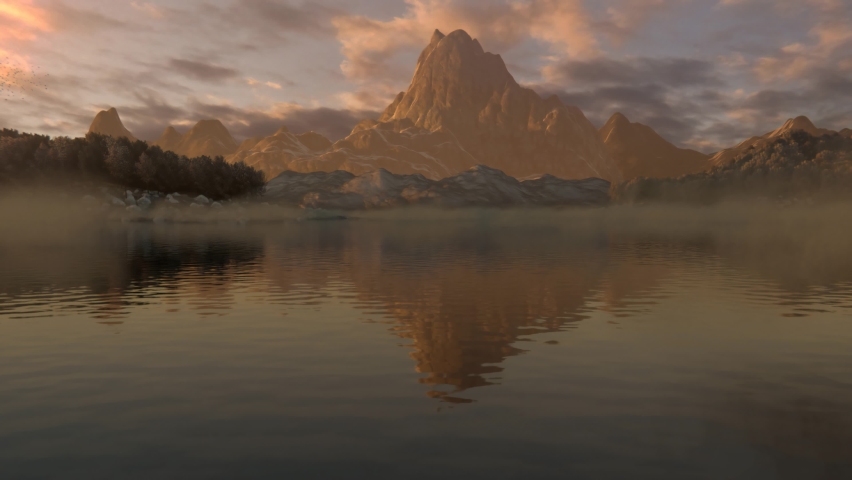 The camera's flight over a lake surrounded by mountains and forests. Sunrise over the mountains and lake 4K