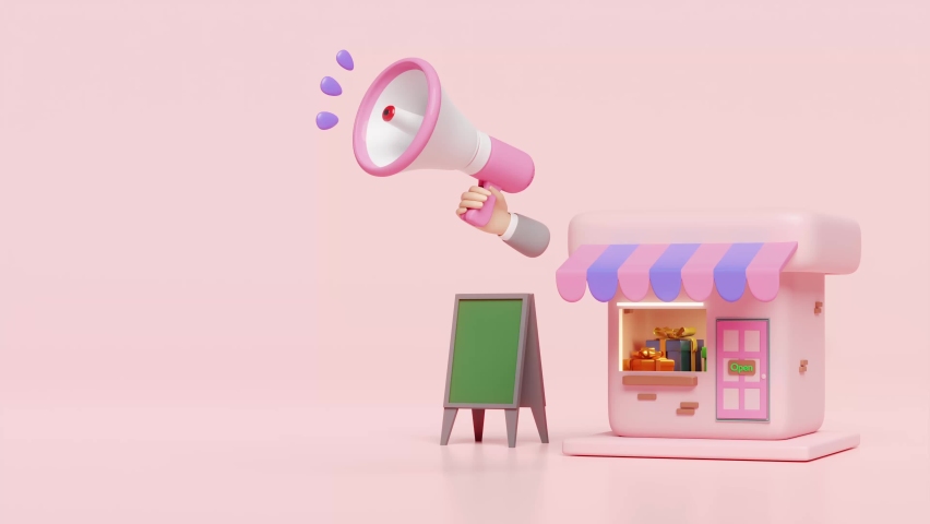 shop store front with businessman hand hold megaphone, hand speaker, green sign, gift box isolated on pink. promotion online shopping sale, startup franchise business concept, 3d animation Royalty-Free Stock Footage #1095478499