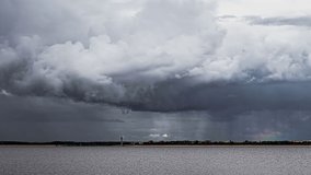 Timelapse of stormy clouds moving threateningly over inhabited area