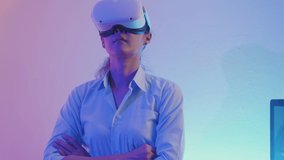 Businesswoman meeting with colleagues using virtual reality glasses for presentations from her home.