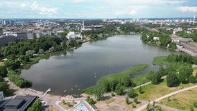 Toolonlahti also known as Toolo Bay, Helsinki, Finland. Aerial drone video.