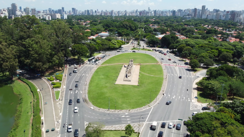Fly above Armando de Salles Oliveira Square, a major traffic circle in Sao Paulo, Brazil