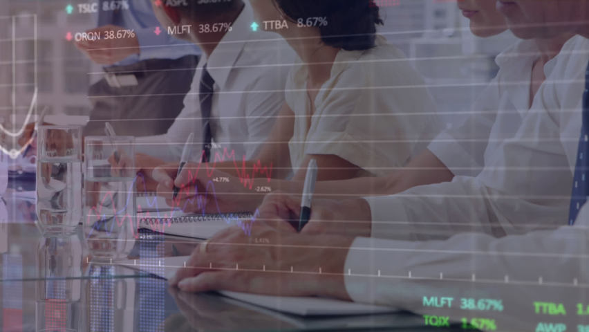 Animation of trading board, graphs over caucaisan manager discussing reports with diverse coworkers. Digital composite, multiple exposure, stock market, investment, teamwork and business concept. | Shutterstock HD Video #1095491151