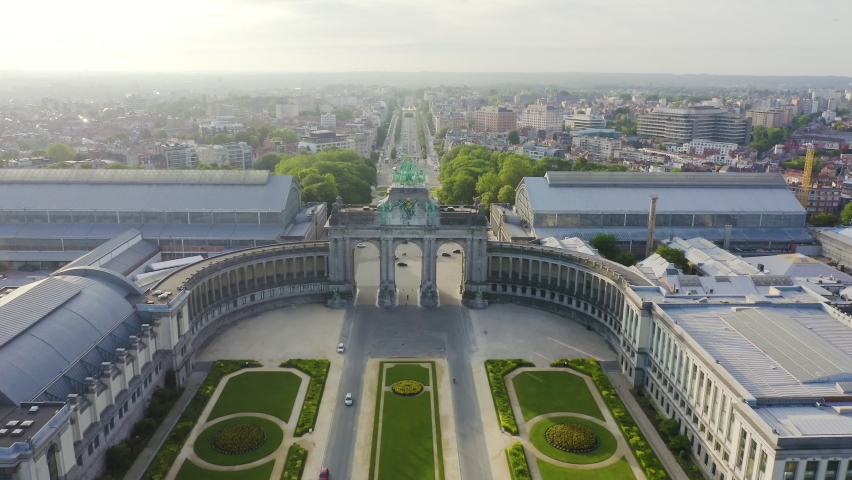 Inscription on video. Brussels, Belgium. Park of the Fiftieth Anniversary. Park Senkantoner. The Arc de Triomphe of Brussels (Brussels Gate). Text furry, Aerial View