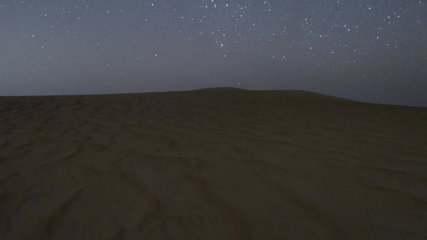 4K Time lapse of milky way over the sand dune in desert show earth rotation over the galaxy.