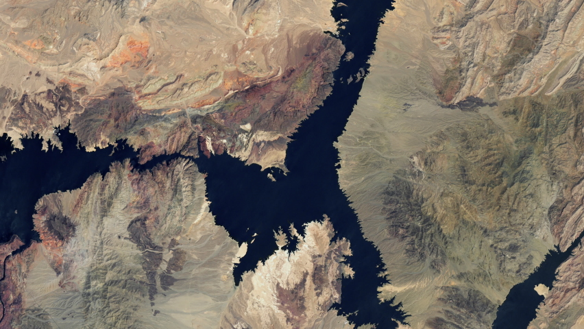 Lake drying time lapse global warming water resource reservoir drought, aerial view from satellite time lapse animation, lake Mead United States. Based on images by Nasa