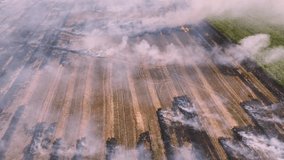 Aerial view drone flying around a burning and smoking field. Air pollution crisis climate change. Dry grass burns during drought