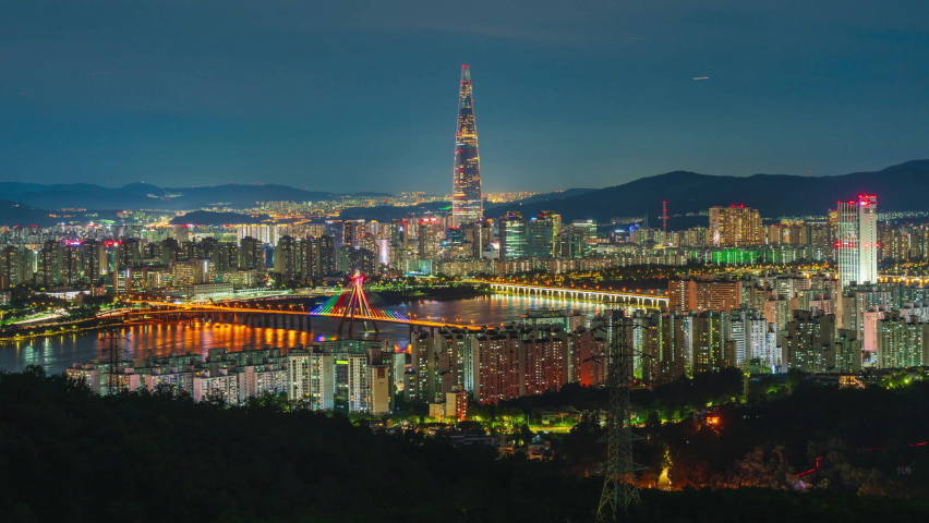 Seoul skyline panorama at night with view of Lotte World Tower
 Royalty-Free Stock Footage #1095504117