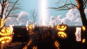Halloween Background Glowing Pumpkins Loop.3D rendering. Halloween pumpkins with neon light and reflection ground on dark background seamless loop. - Powered by Shutterstock - Get 15% off with code: PIKWIZARD15