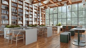 3d Rendering of Library Interior With Bookshelves, Tables And Chairs