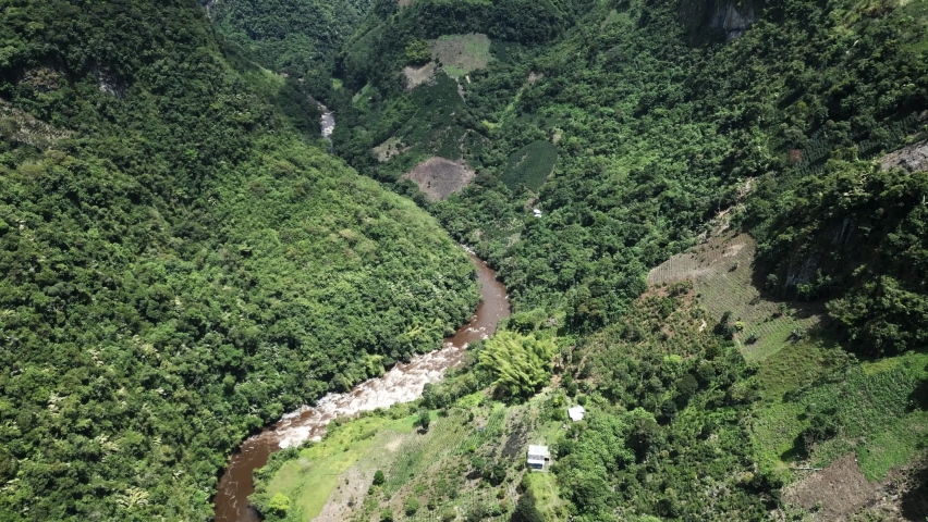 Aerial view of Rio Magdalena in San Agustín town in the Andes Mountains of western Colombia