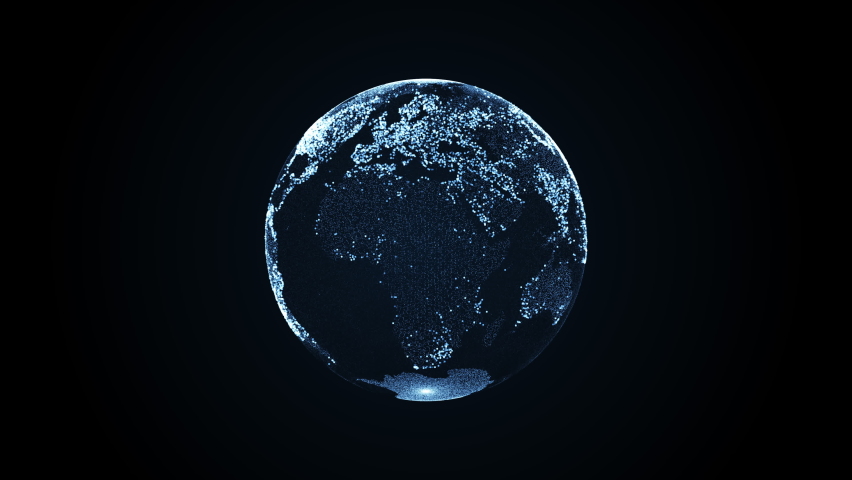 Animation of spinning globe of the Earth planet from blue particulars on dark background, 4K seamless loop earth globe animation Royalty-Free Stock Footage #1095528709