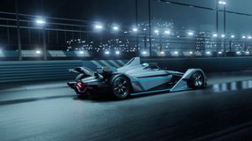Fast Accelerating High Performance Electric Racing Car is Driving on Track at Night Time.