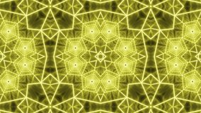Abstract neon glow mandala pattern in futuristic design. Seamless loop music video background. Symmetric mosaic with bright neon glowing lines