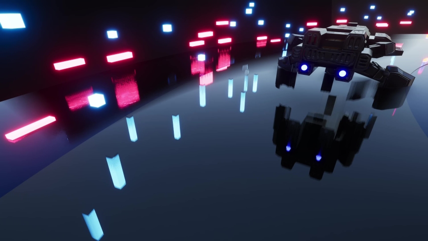 spacecraft passes On Neon Highway, 3D Rendering