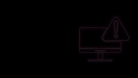 Glowing neon line Computer monitor with exclamation mark icon isolated on black background. Alert message smartphone notification. 4K Video motion graphic animation.