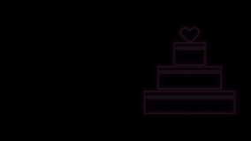 Glowing neon line Wedding cake with heart icon isolated on black background. Valentines day symbol. 4K Video motion graphic animation.