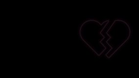 Glowing neon line Broken heart or divorce icon isolated on black background. Love symbol. Valentines day. 4K Video motion graphic animation.