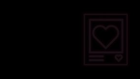 Glowing neon line Blanks photo frames and hearts icon isolated on black background. Valentines Day symbol. 4K Video motion graphic animation.